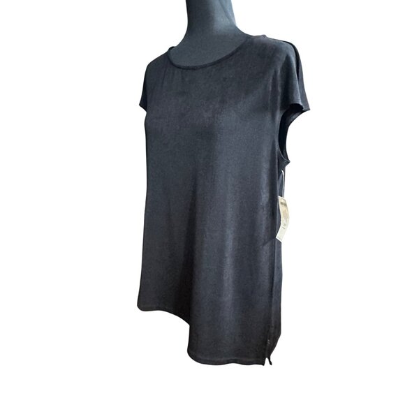 Chico's Shirt Size 2 P NWT Travelers Black Acetate Top Rushing PT Short Sleeve - Picture 13 of 16